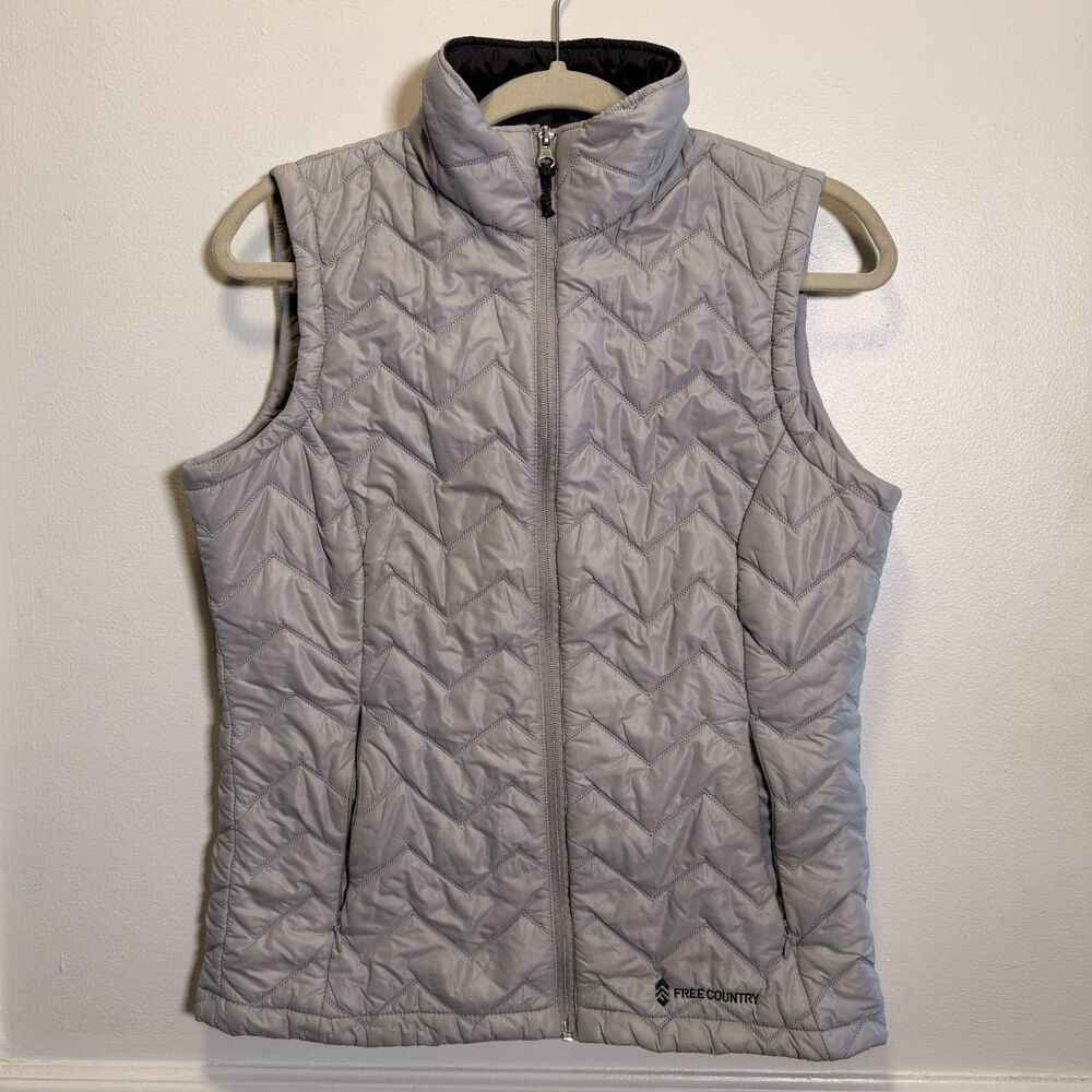 Free Country Womens Small Gray Quilted Puffer Vest Full Zip Chevron Lightweight